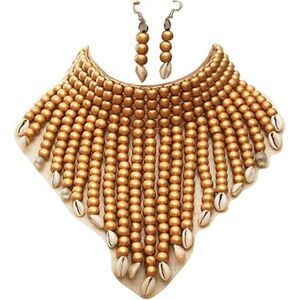 Wooden Beaded Bib Necklace Earrings Set African Boho Chunky Layered for Women